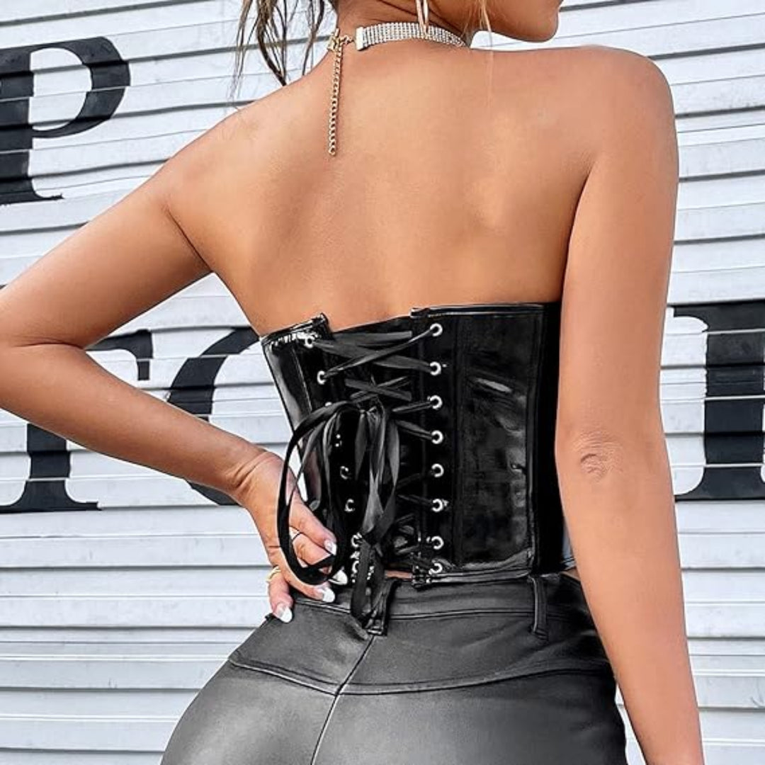 Corset sans bretelles en similicuir – à lacets