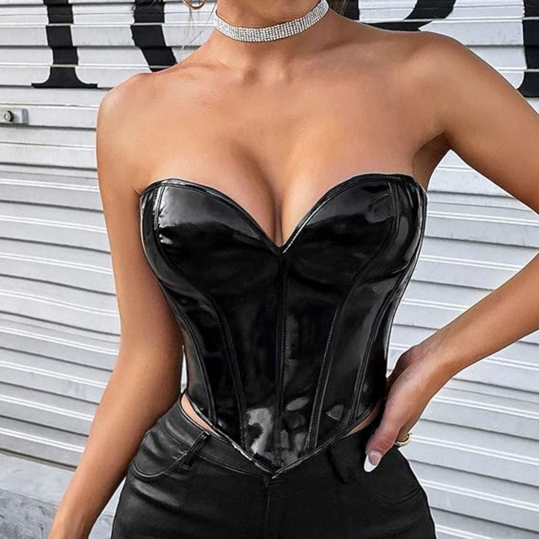 Corset sans bretelles en similicuir – à lacets
