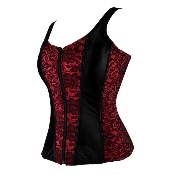 Corset en dentelle et similicuir – Fermeture éclair et dos en dentelle